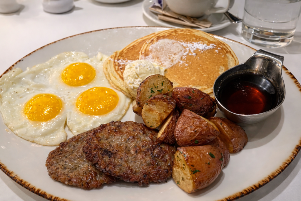 3 Sunny Side Up, Pancake w/ Syrup, Sausage Patties and Home Fries