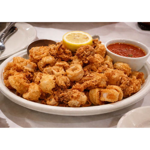 Fresh Calamari Lightly Dusted in Seasoned Flour & Fried Until Golden & Crispy, Served w/ House-Made Spicy Marinara Dipping Sauce & Lemon. One of the Most Popular Appetizers at Carmine's.