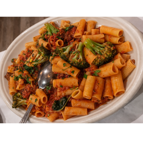 Sautéed Broccoli & Crumbled Italian Sausage Tossed w/ Pasta with Marinara Sauce.