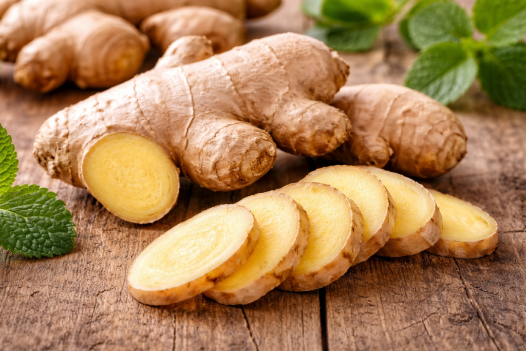 Sliced Ginger on Wooden Table