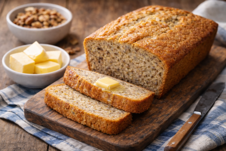 Freshly Baked Sliced Banana bread with butter on top.