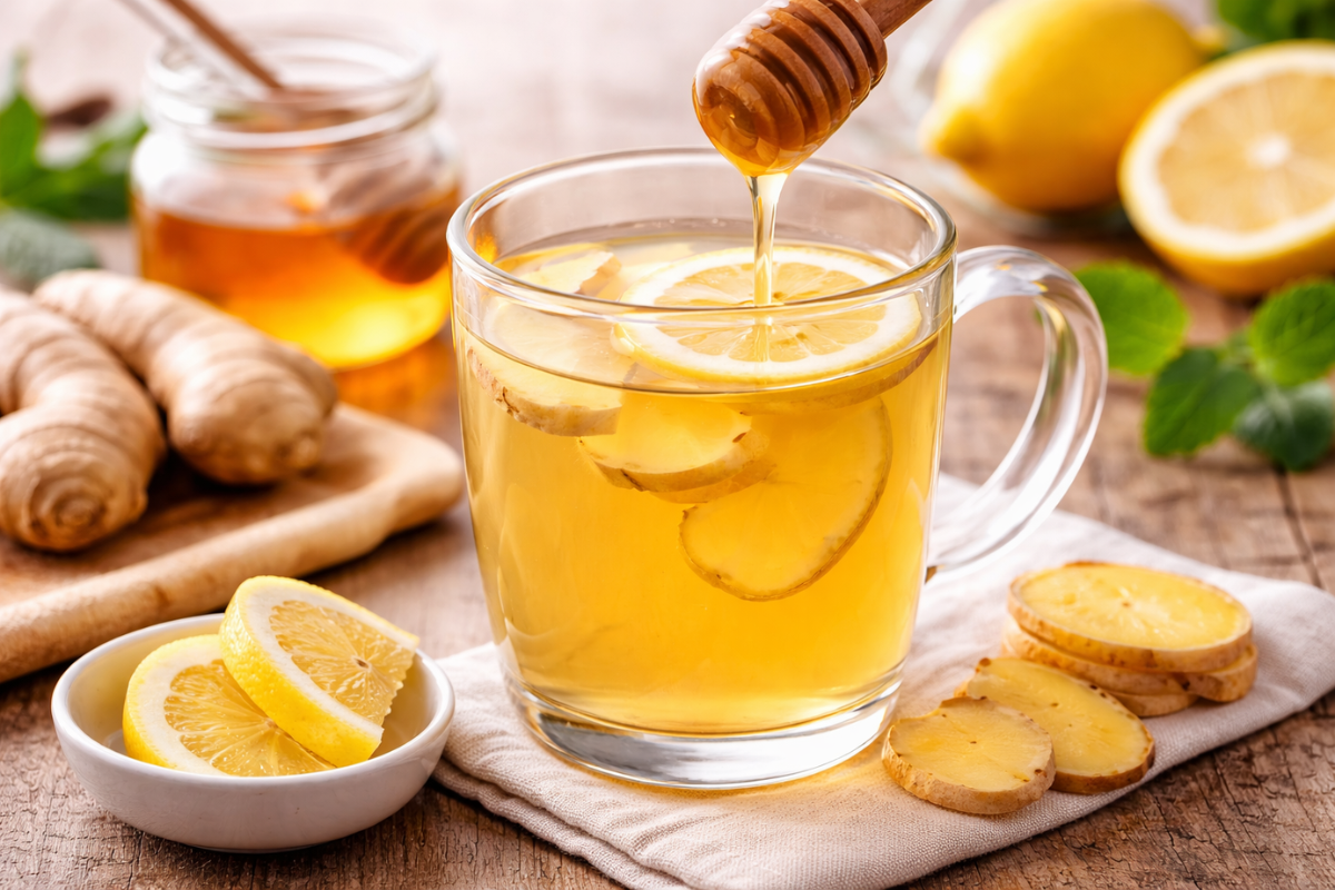 Warm honey lemon ginger tea on a clear cup