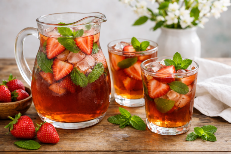 Strawberry Mint Tea on a clear pitcher with 2 glasses of tea as well