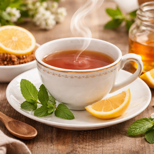 Warm Tea with Lemon & Honey on wooden table