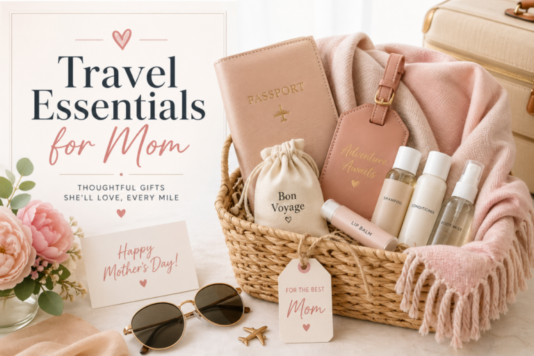 travel essentials for mom arranged in a Mother’s Day travel gift basket