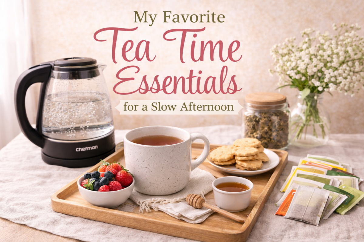 Tray with Tea and some sweet treats on the side.
