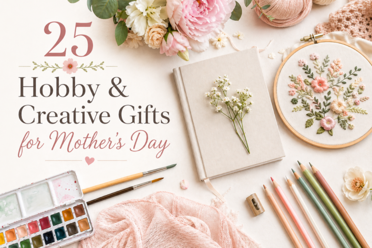 Hobby and creative gifts for Mother’s Day with art supplies, yarn, journal, and flowers.