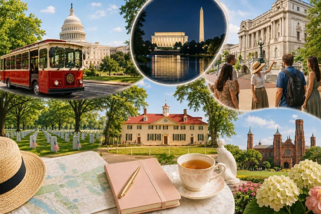 Washington DC tour collage with trolley, Capitol, night monuments, Arlington Cemetery, Mount Vernon, Smithsonian Castle, and travel planning items.