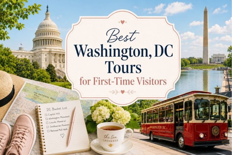 Best Washington DC tours for first-time visitors with Capitol, Washington Monument, sightseeing trolley, travel map, and DC bucket list notebook.