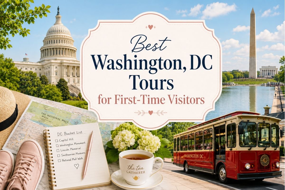 Best Washington DC tours for first-time visitors with Capitol, Washington Monument, sightseeing trolley, travel map, and DC bucket list notebook.