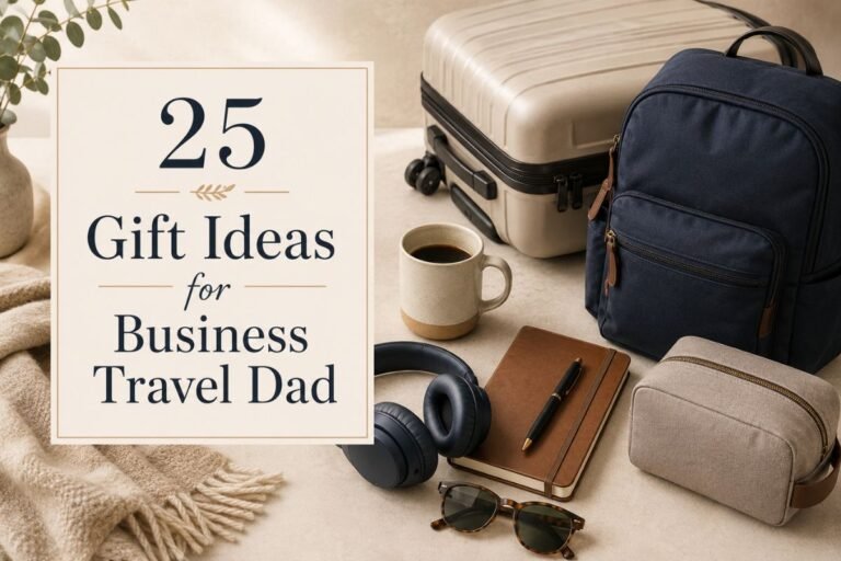 Gift ideas for business travelling dad with carry-on luggage, headphones, coffee mug, notebook, and travel essentials.