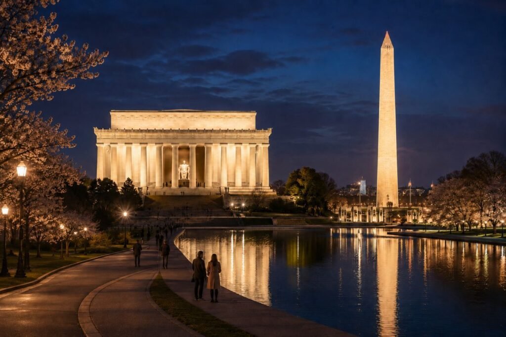 Washington DC monuments by night tour with Lincoln Memorial, Washington Monument, and reflecting pool at night.