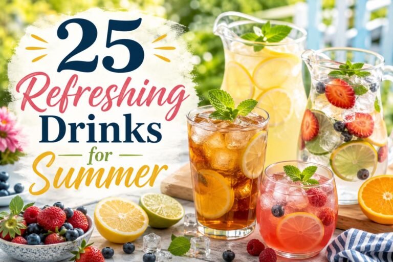 Refreshing Drinks for the Summer, featuring, peach iced tea, strawberry lemonad, lemonade
