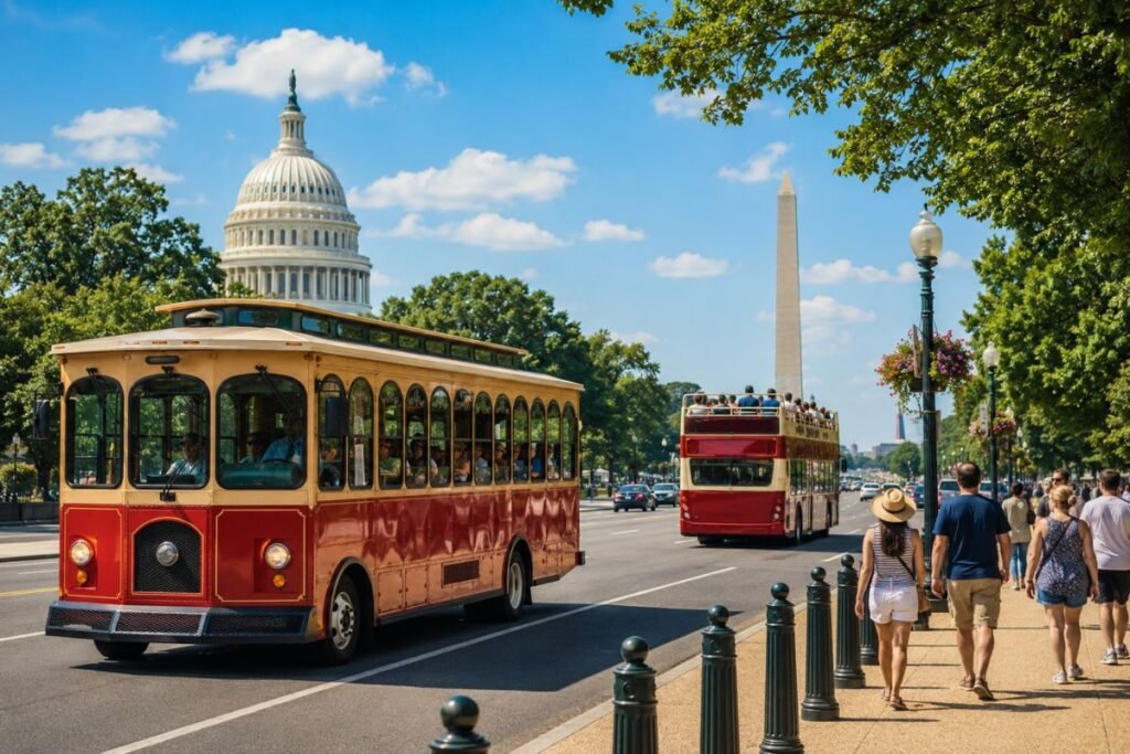 Washington DC trolley and hop-on hop-off tours with the Capitol, Washington Monument, sightseeing vehicles, and visitors walking along a sunny city street.