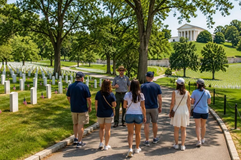 Arlington National Cemetery guided tour with visitors, white headstones, and a memorial hillside in the background.