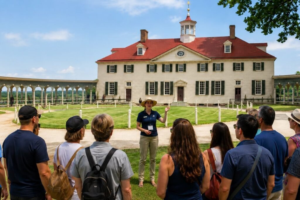 Mount Vernon day trip from Washington DC with tour guide, visitors, and George Washington’s estate.