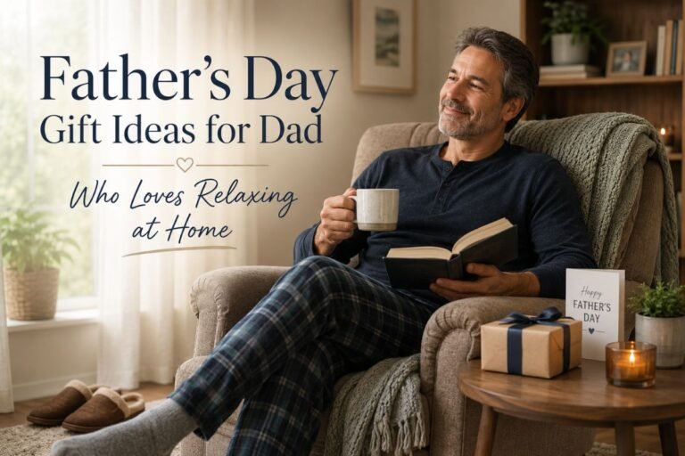 Father’s Day gift ideas for dad who loves relaxing at home with a mug, book, blanket, slippers, and gift box
