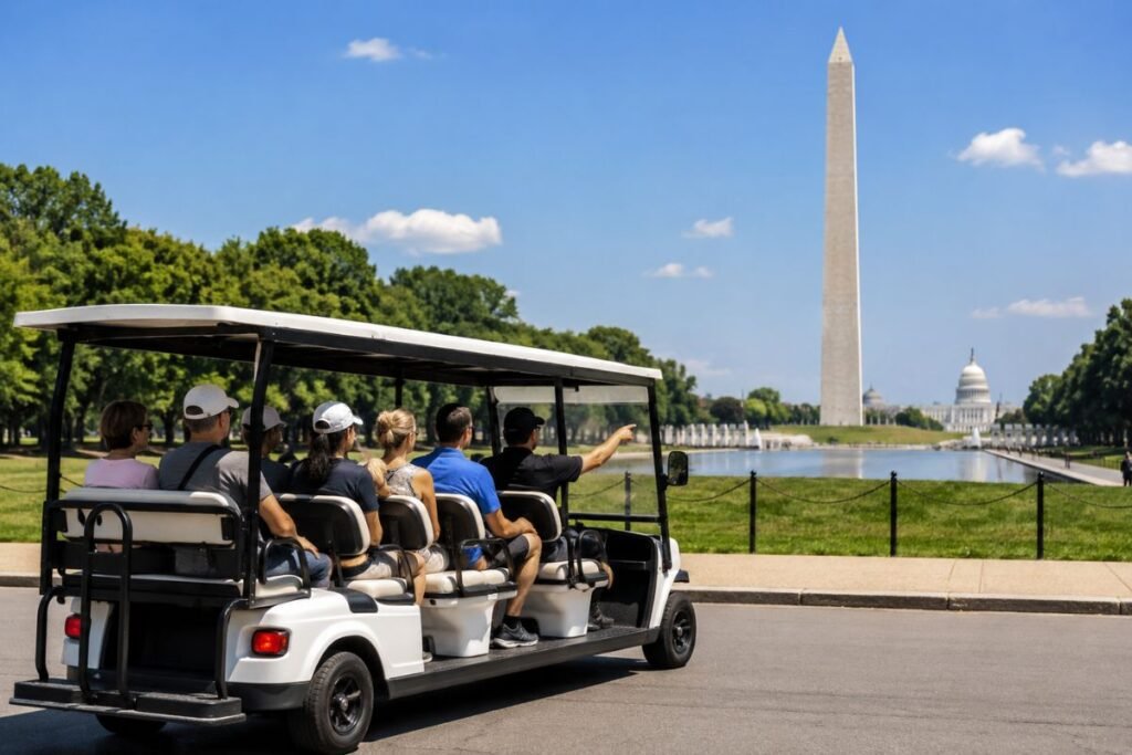 Electric cart tour in Washington DC near the Washington Monument, Reflecting Pool, and U.S. Capitol.