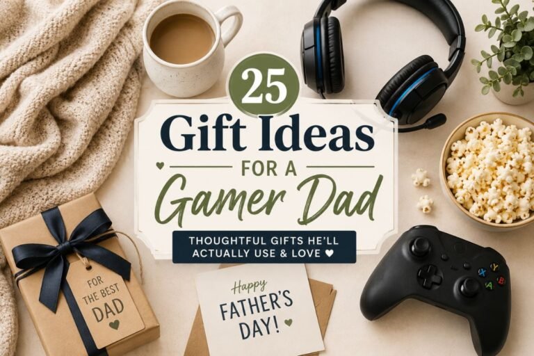 Gift ideas for a gamer dad with a gaming controller, headset, snacks, mug, and Father’s Day gift box.