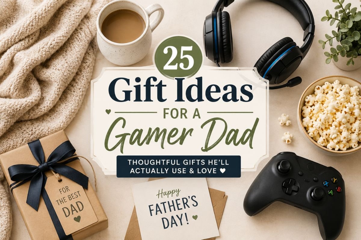 Gift ideas for a gamer dad with a gaming controller, headset, snacks, mug, and Father’s Day gift box.