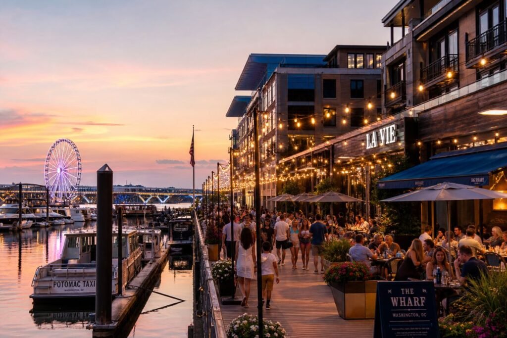 Washington DC July 2026 evening at The Wharf with waterfront dining and summer views.
