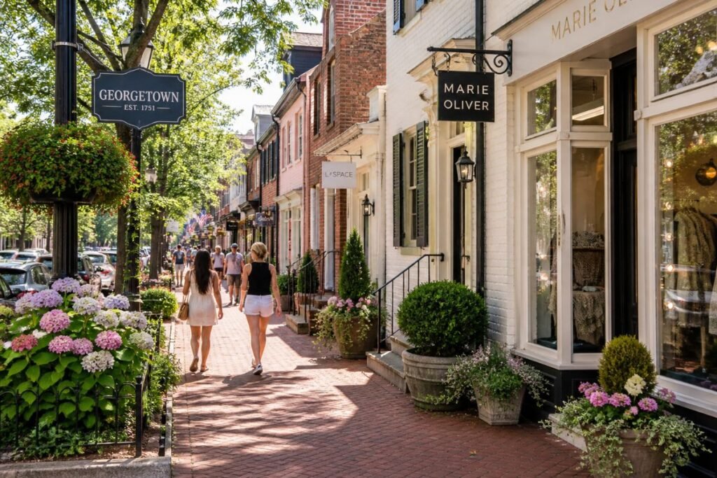 Washington DC July 2026 Georgetown shopping and travel guide scene.
