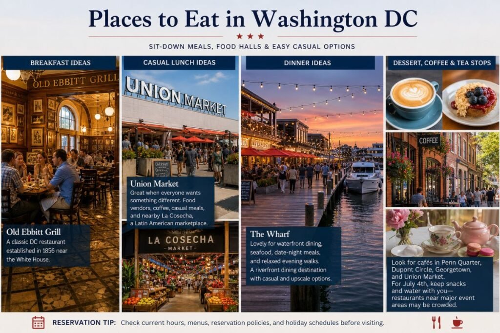 Washington DC July 2026 dining guide featuring Old Ebbitt Grill, Union Market, The Wharf, cafés, coffee, and tea stops.