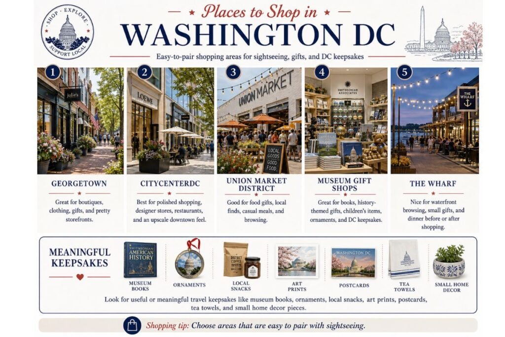 Washington DC July 2026 shopping guide featuring Georgetown boutiques, CityCenterDC, Union Market, museum gift shops, The Wharf, and DC keepsakes.