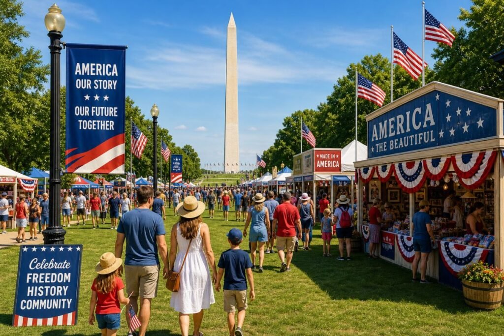 Washington DC July 2026 Great American State Fair on the National Mall with patriotic booths and summer crowds.
