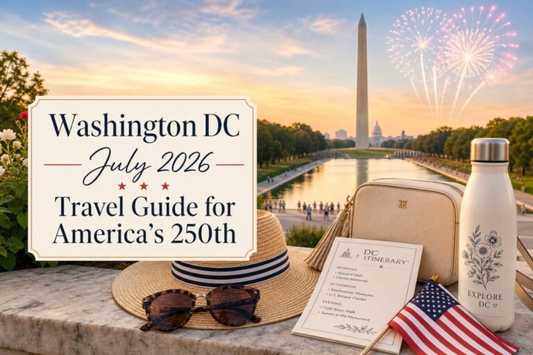 Washington DC July 2026 travel guide featured image with Washington Monument, fireworks, itinerary, sun hat, and travel bag.
