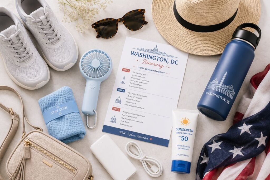 Washington DC July 2026 travel essentials flat lay with walking shoes, sun hat, water bottle, sunscreen, portable fan, and itinerary.