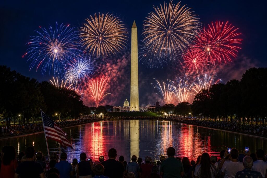 Washington DC July 2026 fireworks over the National Mall and Washington Monument.
