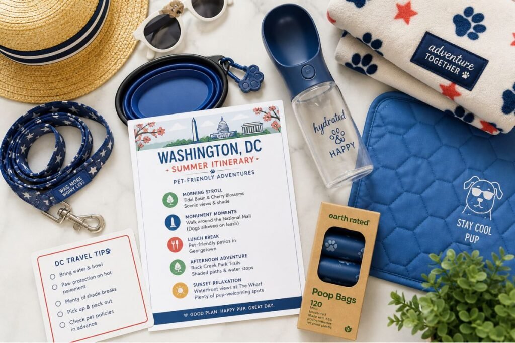 Washington DC July 2026 pet travel essentials with dog bowl, leash, water bottle, cooling mat, waste bags, and travel itinerary.