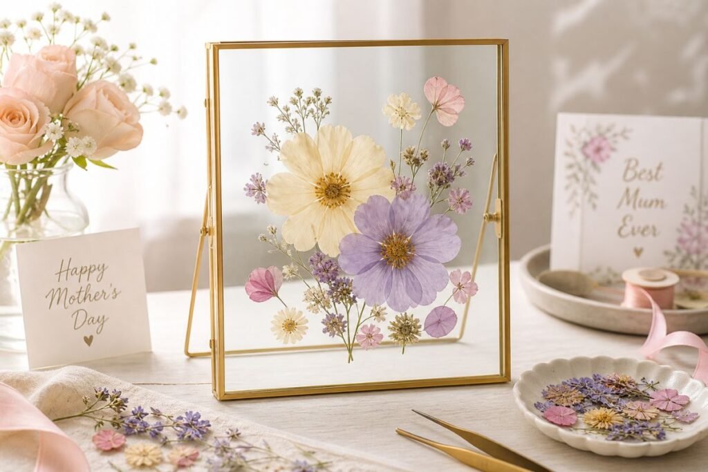 A pressed flower frame is simple, feminine, and lovely for Mother’s Day. It looks beautiful on a nightstand, desk, entry table, or bookshelf, and it can be customized with mom’s favorite colors.