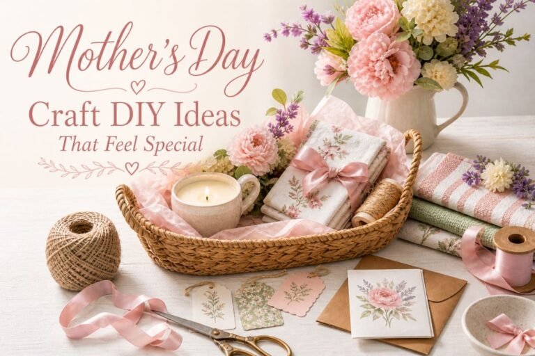Mother’s Day craft DIY ideas with flowers, ribbon, gift basket, tea towels, and handmade gift supplies on a light craft table.