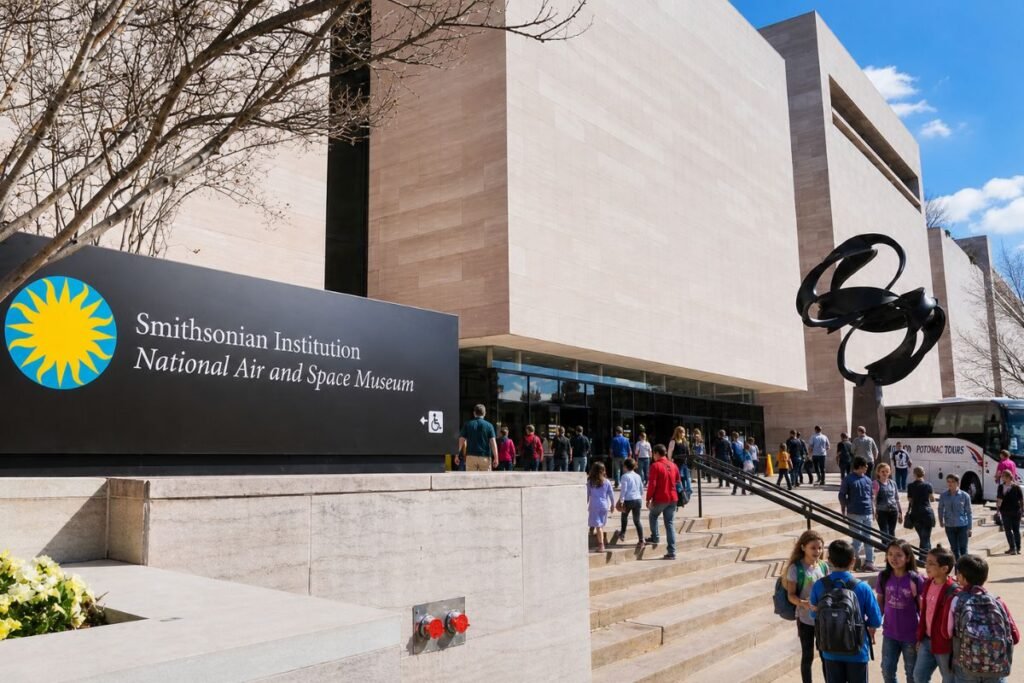 Washington DC July 2026 travel guide image showing the National Air and Space Museum entrance with visitors, students, and a tour bus.