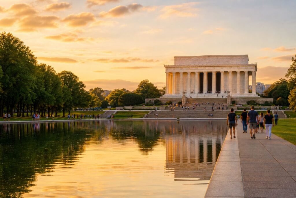 Washington DC July 2026 Lincoln Memorial and Reflecting Pool summer travel photo.