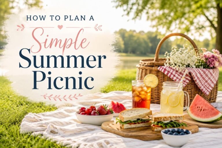 A summer picnic blanket with sandwiches, fruit, iced tea, lemonade, and a small basket on green grass.