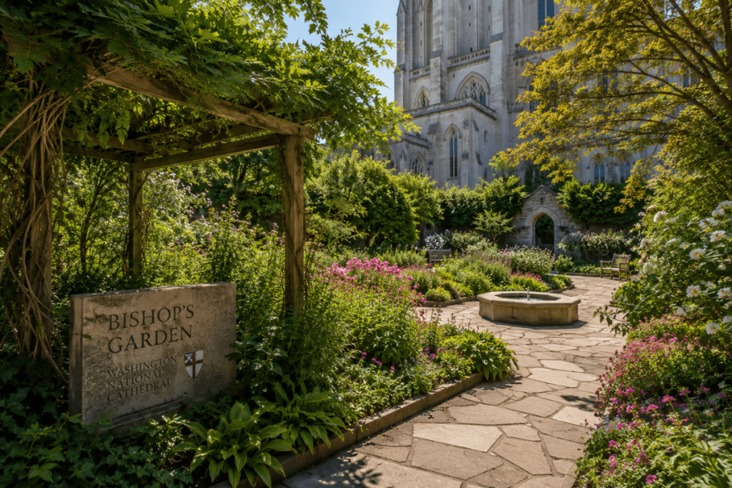 Bishop's Garden at Washington National Cathedral with stone pathways, colorful flowers, and peaceful garden views.
