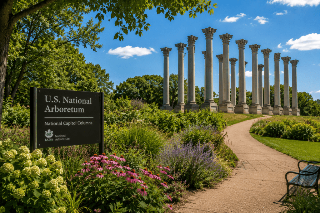 U.S. National Arboretum in Washington DC featuring the historic National Capitol Columns surrounded by gardens and walking paths.