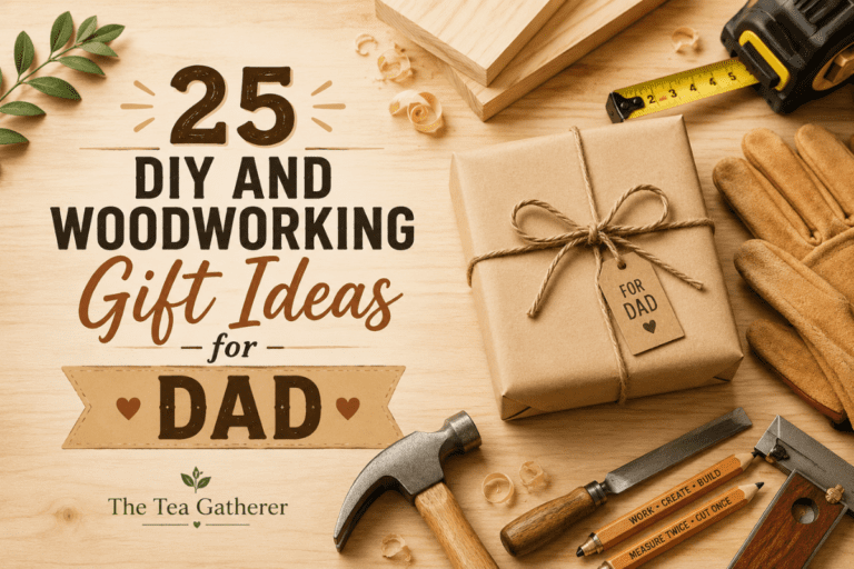 Gift ideas for Dad who likes DIY and woodworking displayed with tools, gloves, wood pieces, and a wrapped present.