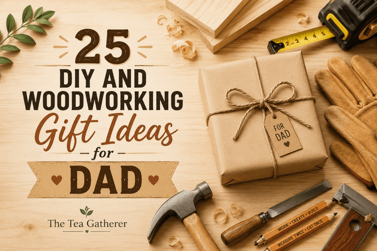Gift ideas for Dad who likes DIY and woodworking displayed with tools, gloves, wood pieces, and a wrapped present.