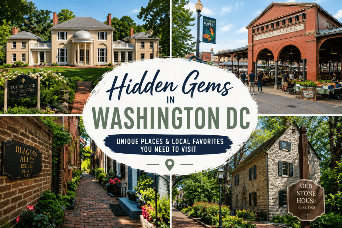 Featured image collage for Hidden Gems in Washington DC showing Tudor Place, Eastern Market, Blagden Alley, and Old Stone House.