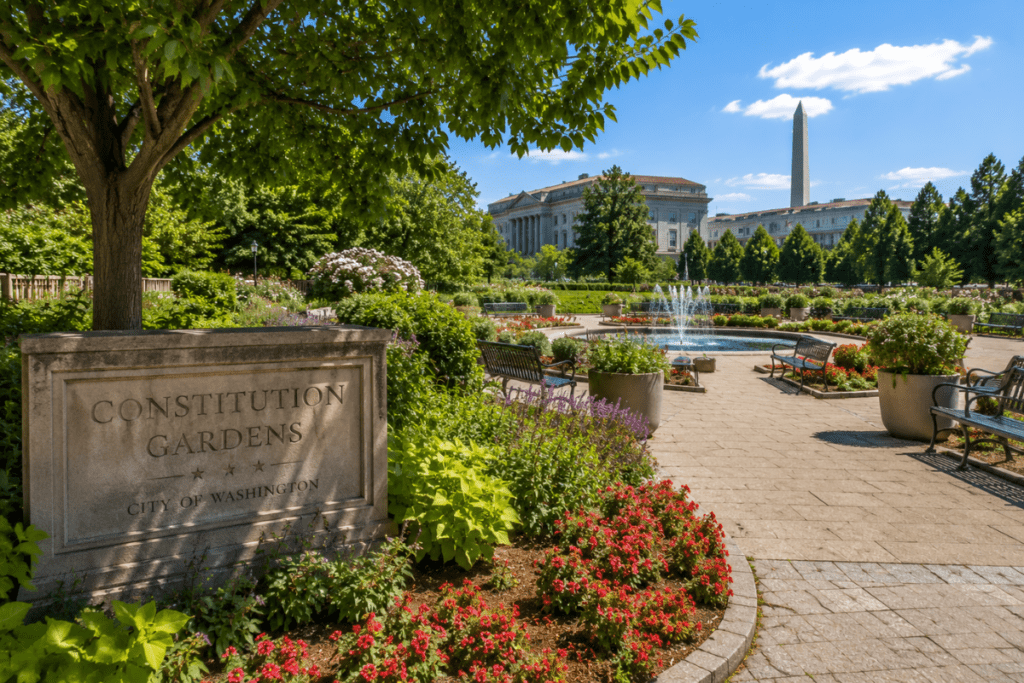 Constitution Gardens in Washington DC with colorful flowers, walking paths, benches, and the Washington Monument in the distance.
