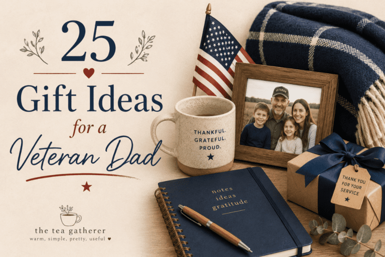 Thoughtful gift ideas for a veteran dad with a coffee mug, small American flag, framed photo, blanket, and gift box.