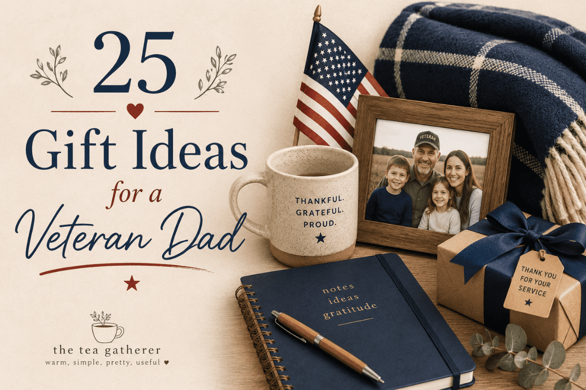 Thoughtful gift ideas for a veteran dad with a coffee mug, small American flag, framed photo, blanket, and gift box.