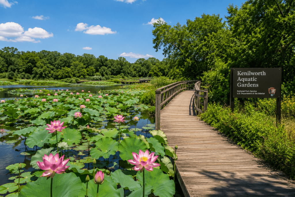 Kenilworth Aquatic Gardens in Washington DC with pink lotus flowers, green lily pads, and a wooden boardwalk through the wetlands.