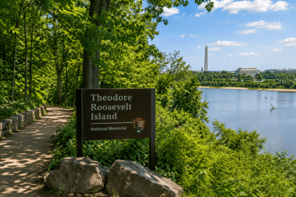 Theodore Roosevelt Island in Washington DC with a wooded walking trail, river views, and the Washington Monument in the distance.