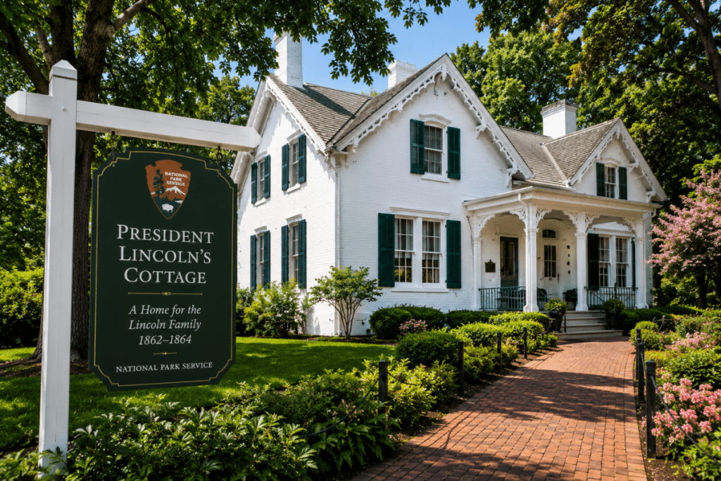 President Lincoln's Cottage in Washington DC featuring the historic white Gothic Revival home, a brick walkway, and landscaped gardens surrounded by mature trees.