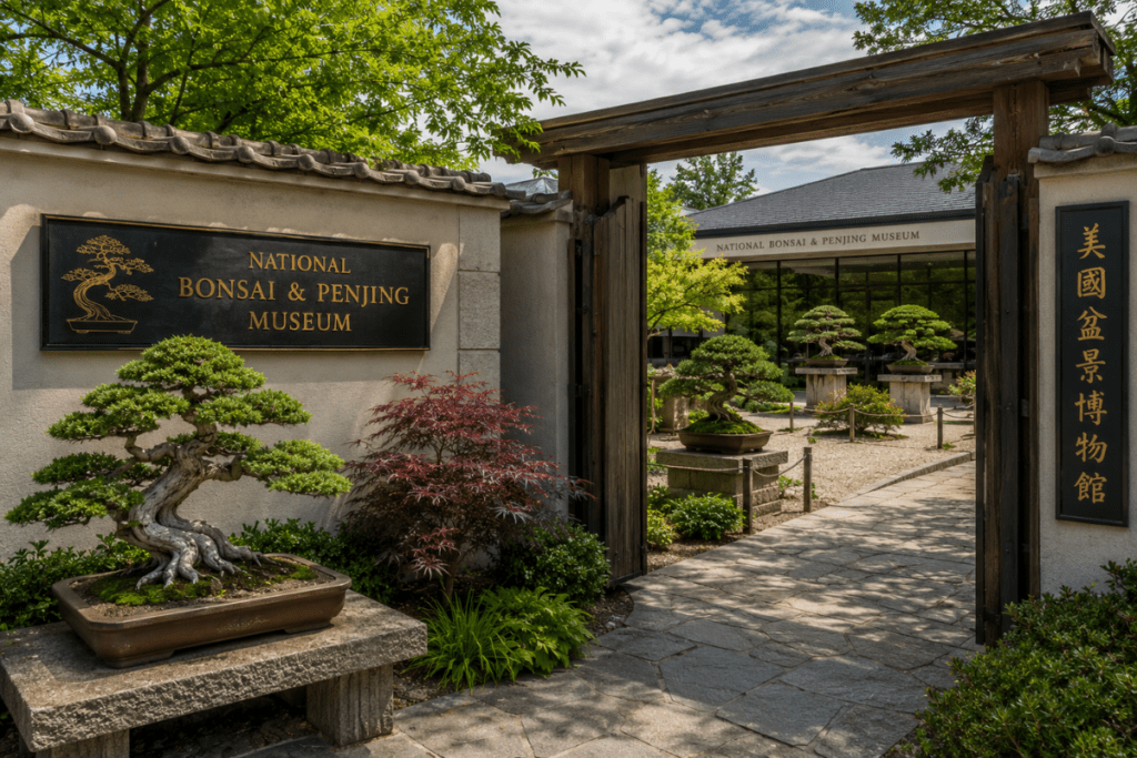 Bonsai trees on display at the National Bonsai & Penjing Museum in Washington DC.